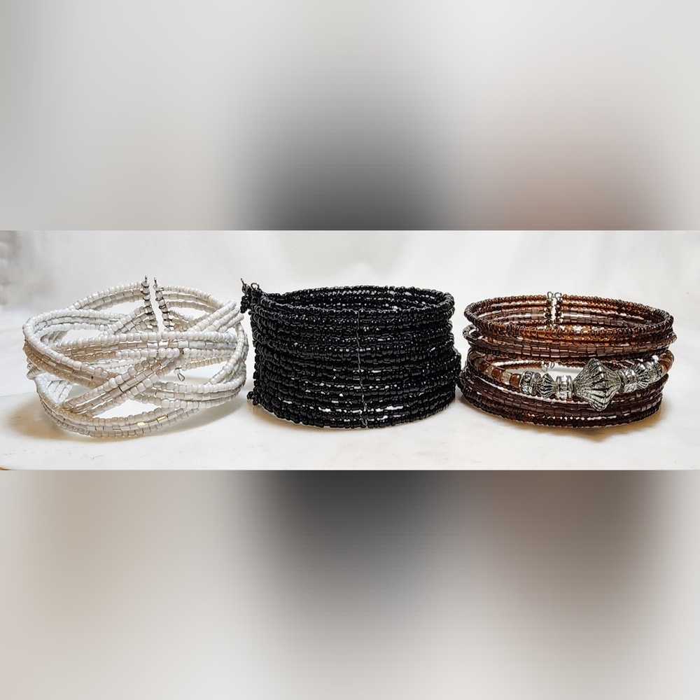 Set of 3 Vintage Memory Wire Cuff Bracelets – White, Black, Brown Beaded Wraps